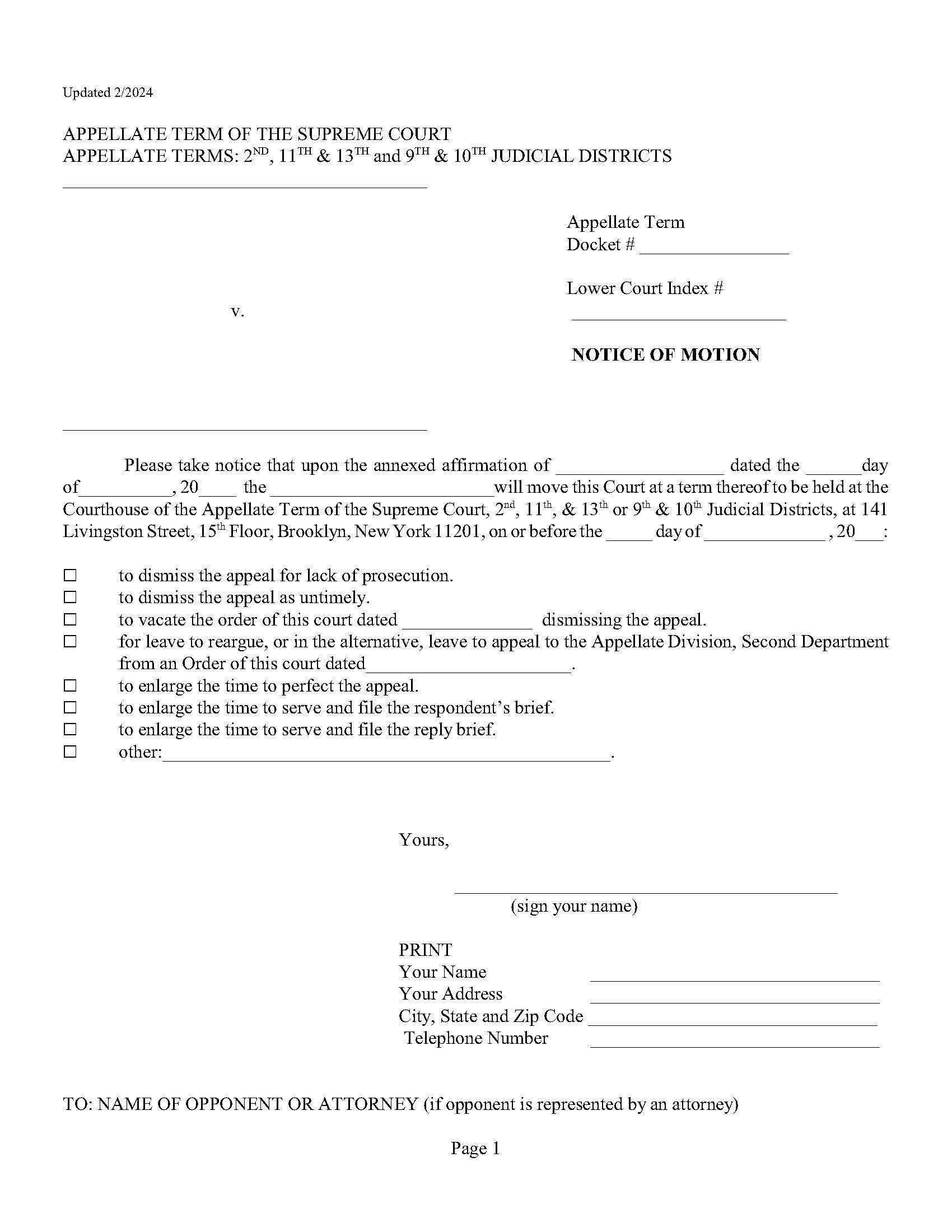 Notice Of Motion Affirmation In Support Affirmation Of Service (Appellate Term) {Form 1B} | Pdf Fpdf Docx | New York