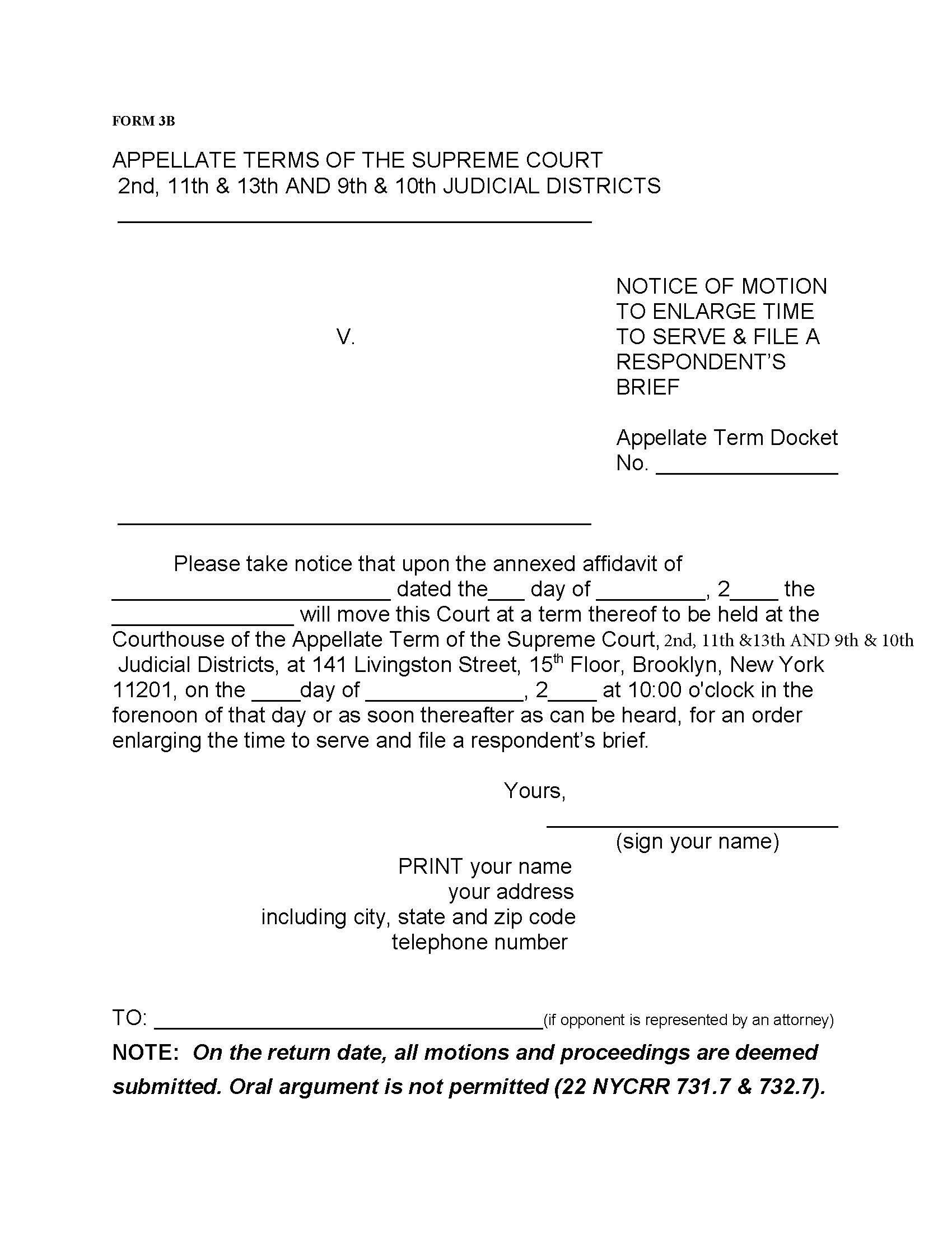Notice Of Motion Enlarge Time Respondents Brief - Affidavit (Appellate Term) {Form 3B} | Pdf Fpdf Docx | New York