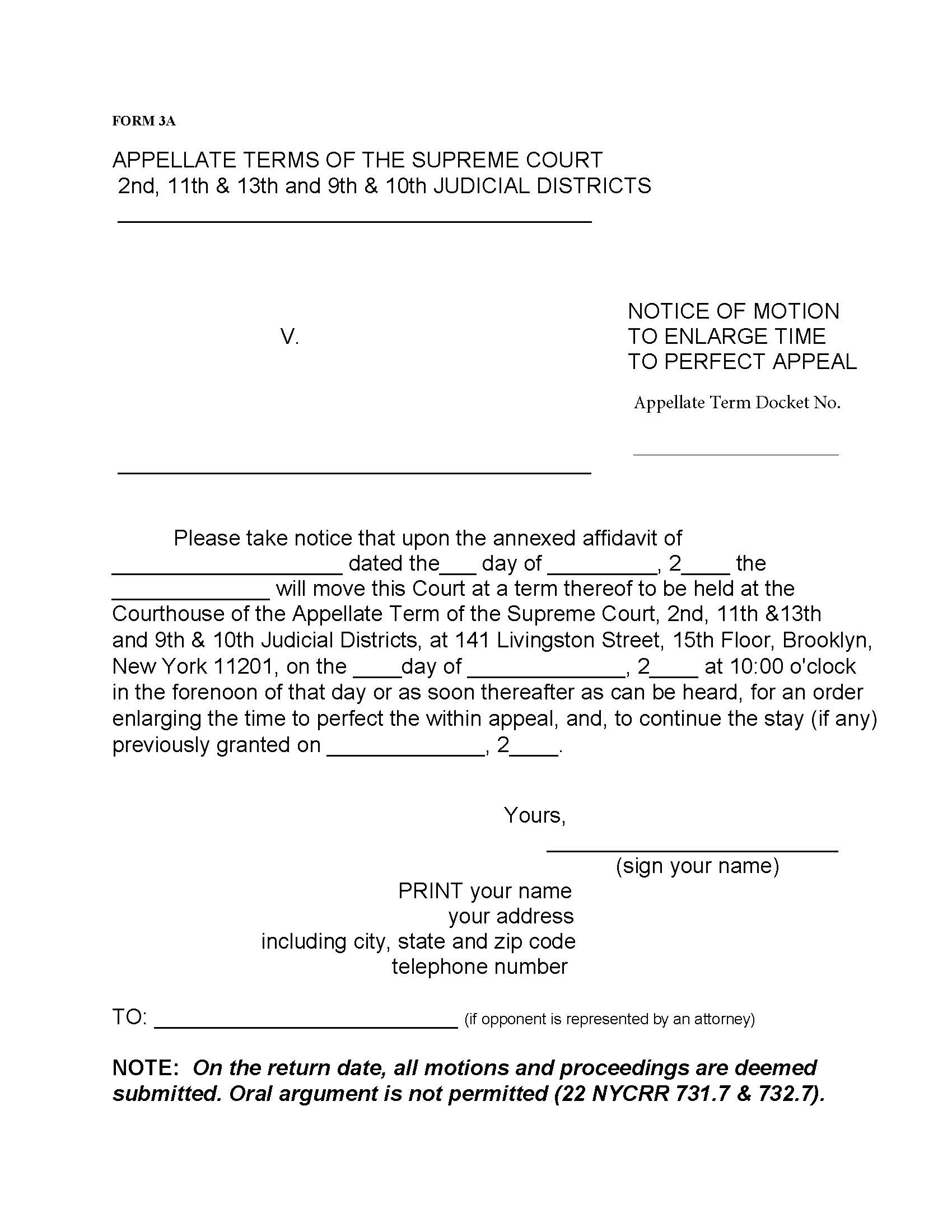 Notice Of Motion Enlarge Time To Perfect Appeal - Affidavit (Appellate Term) {Form 3A} | Pdf Fpdf Docx | New York