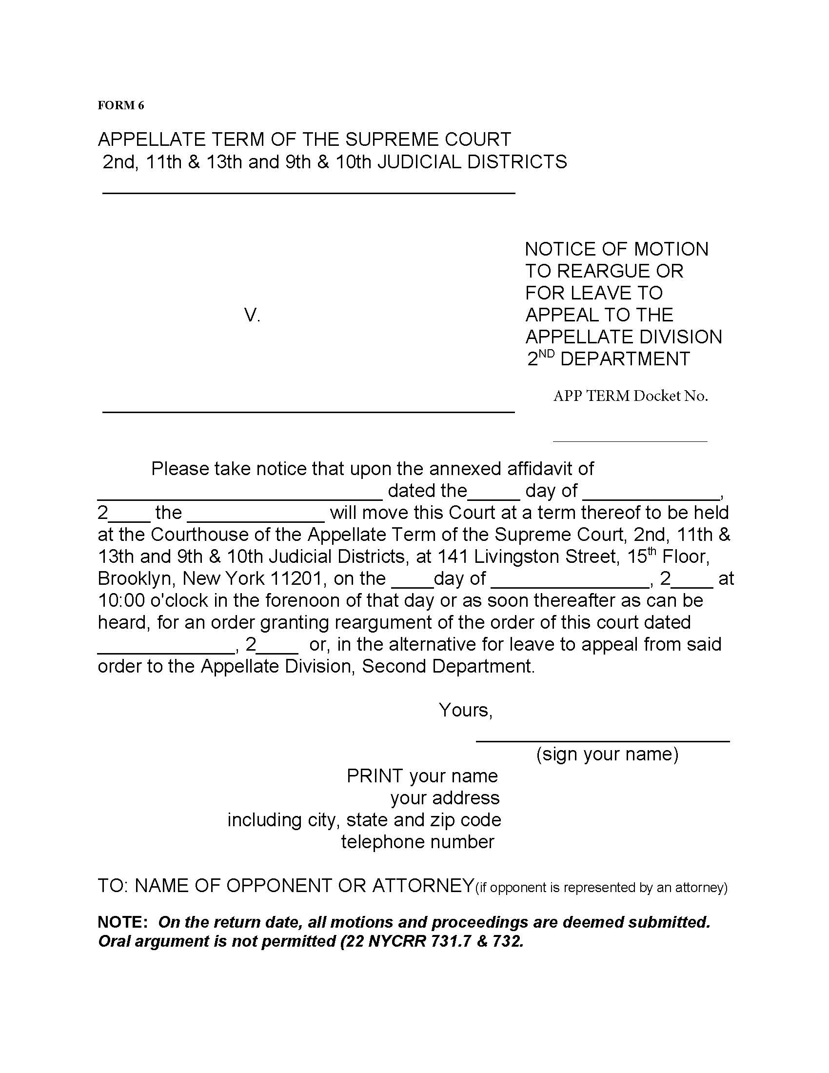 Notice Of Motion To Reargue Or To Appeal To Appellate 2nd (Appellate Term) {Form 6} | Pdf Fpdf Docx | New York