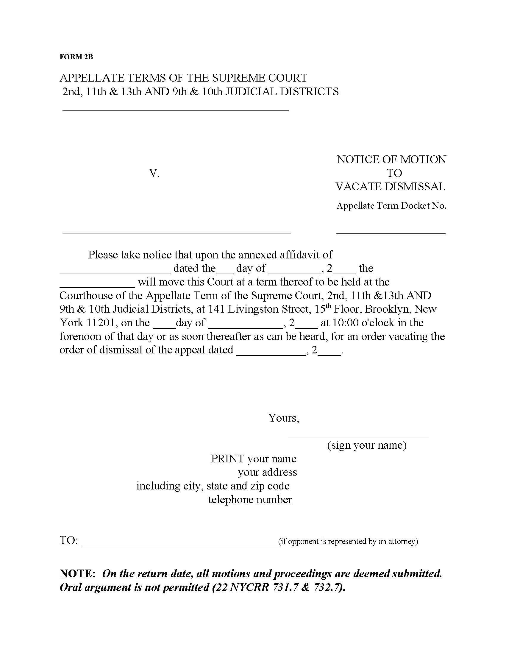 Notice Of Motion To Vacate Dismissal Affidavit In Support (Appellate Term) {Form 2B} | Pdf Fpdf Docx | New York