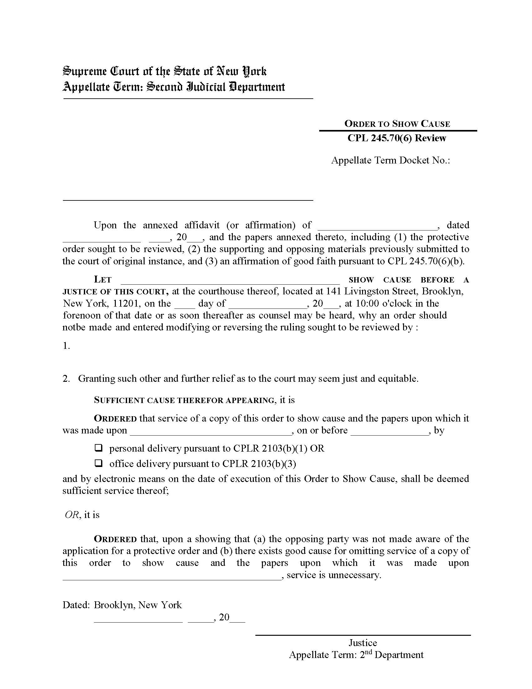Order To Show Cause CPL 245.70(6) Review (Appellate Term) | Pdf Fpdf Docx | New York