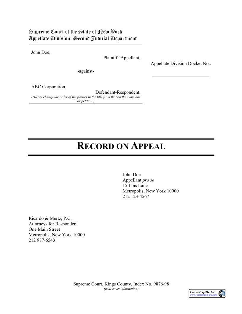 Record On Appeal Cover Sheet | Pdf Fpdf Docx | New York
