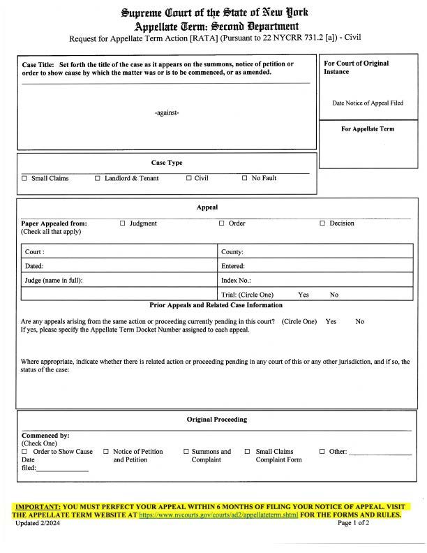 Request For Appellate Term Action (RATA) | Pdf Fpdf Docx | New York