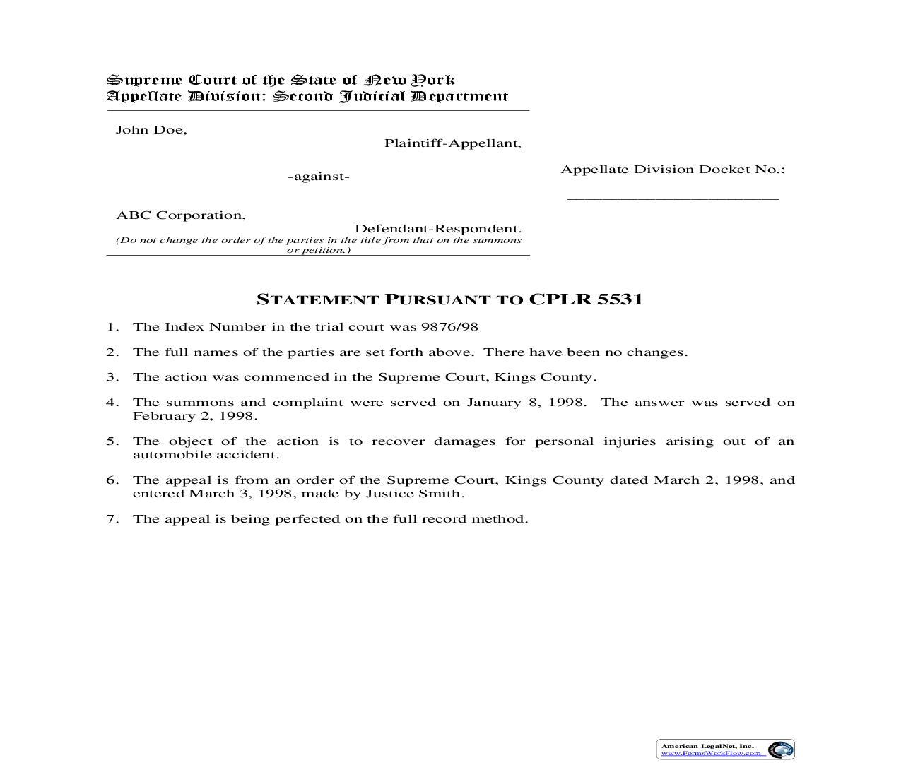 Statement Pursuant To CPLR 5531 (Sample And Form) | Pdf Fpdf Doc Docx | New York