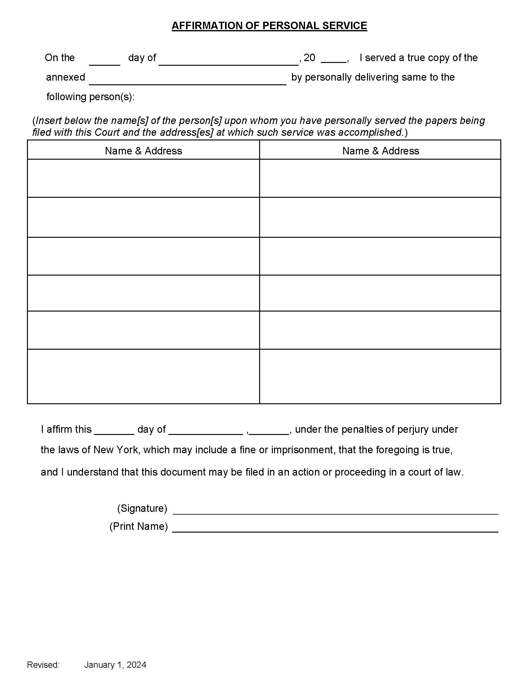 Affirmation Of Personal Service | Pdf Fpdf Doc Docx | New York