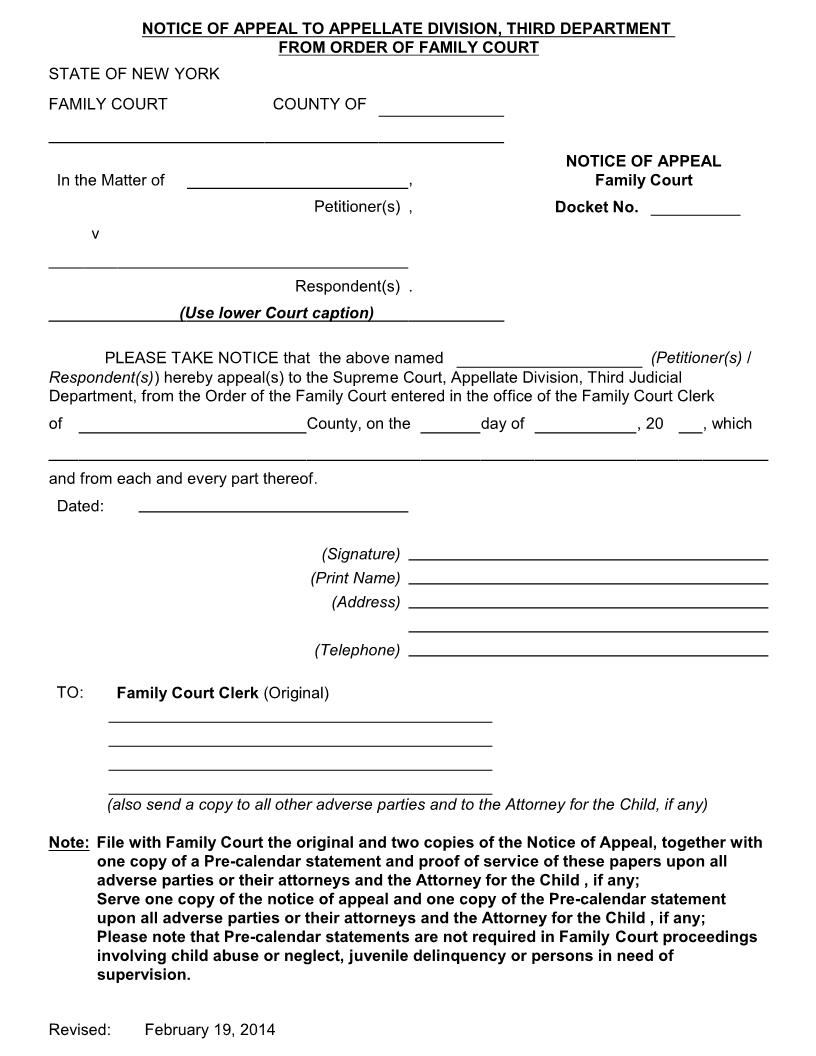 Notice Of Appeal (Family Court) {AD3 NoA_Fam} | Pdf Fpdf Doc Docx | New York