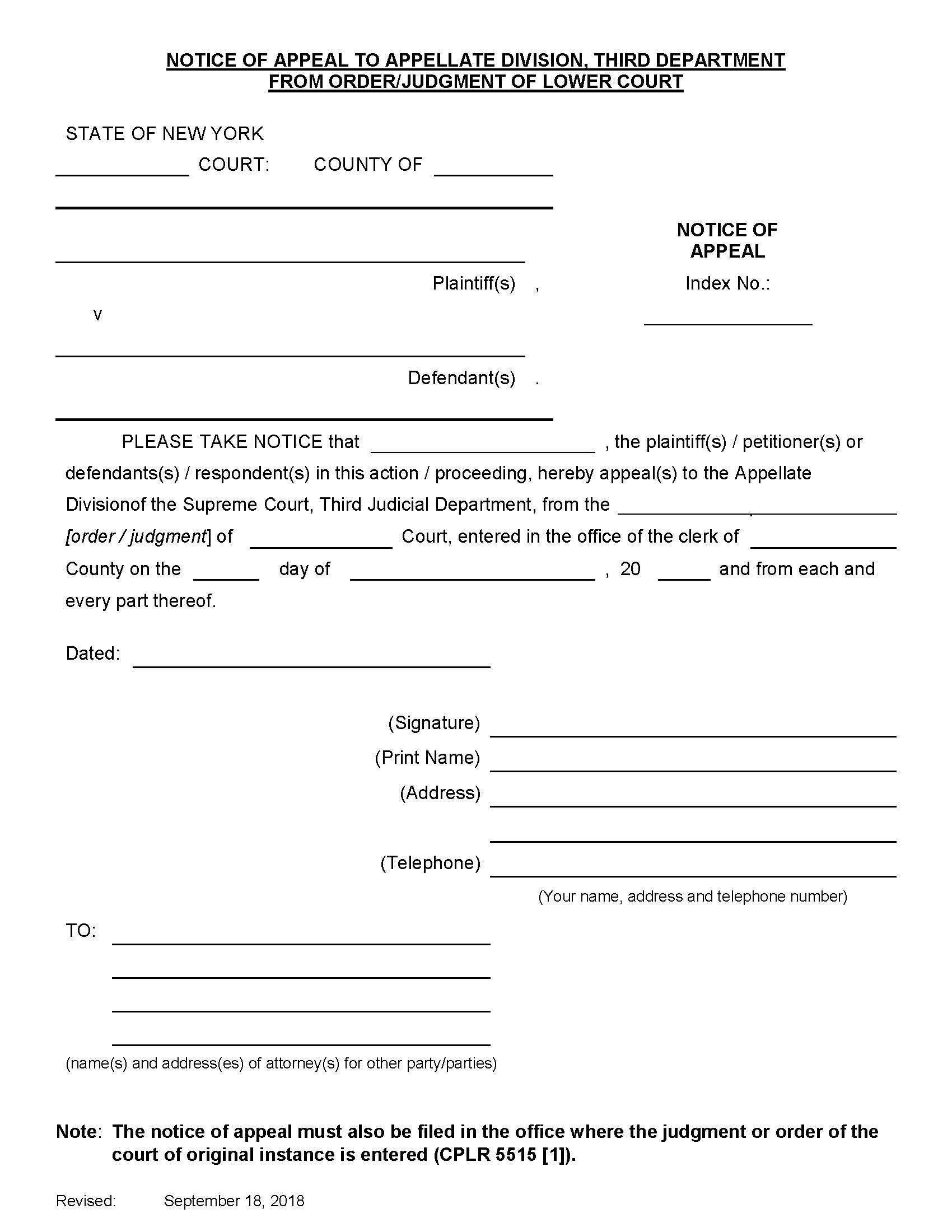 Notice Of Appeal (From Order-Judgment Of Lower Court (Civil) | Pdf Fpdf Doc Docx | New York