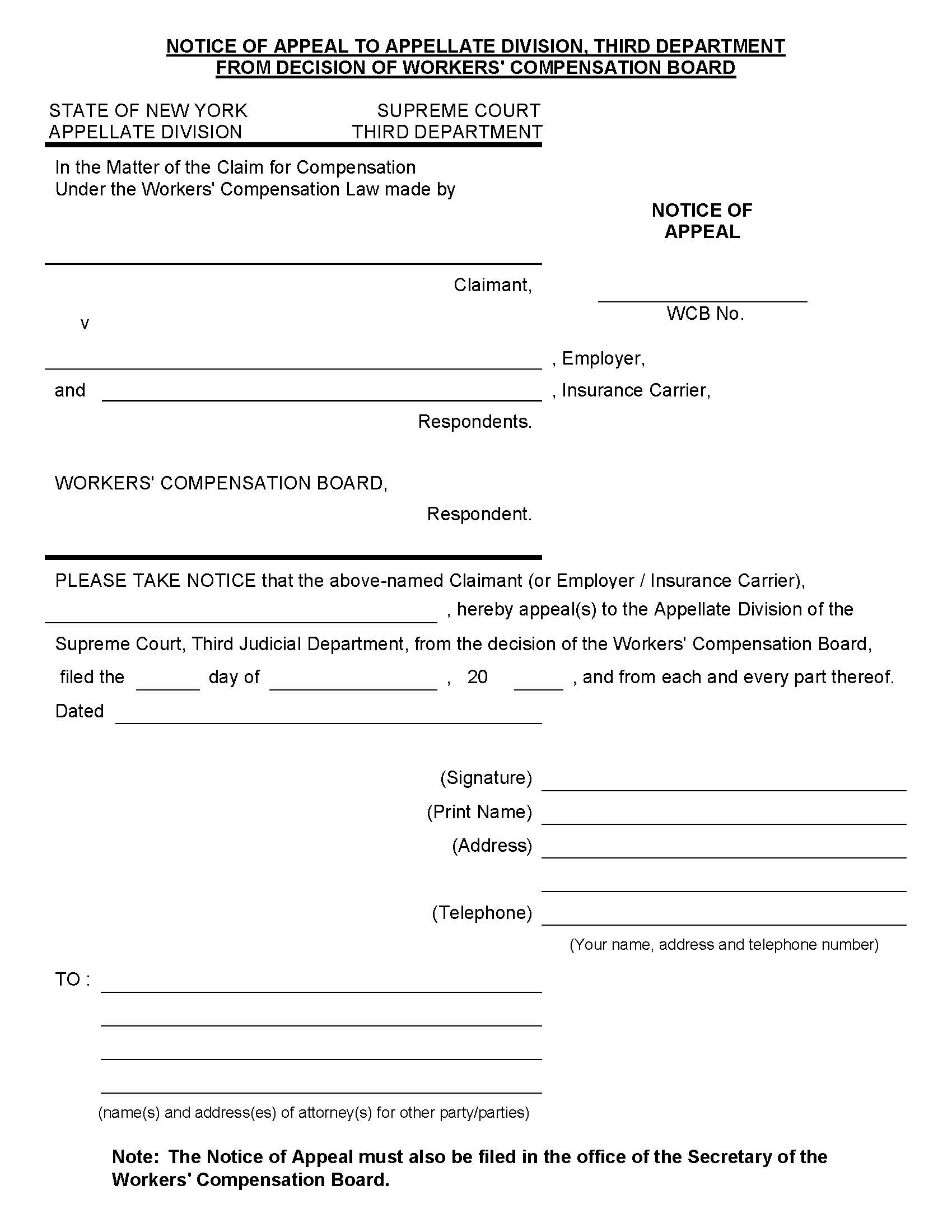 Notice Of Appeal From Decision Of Workers Compensation Board | Pdf Fpdf Doc Docx | New York