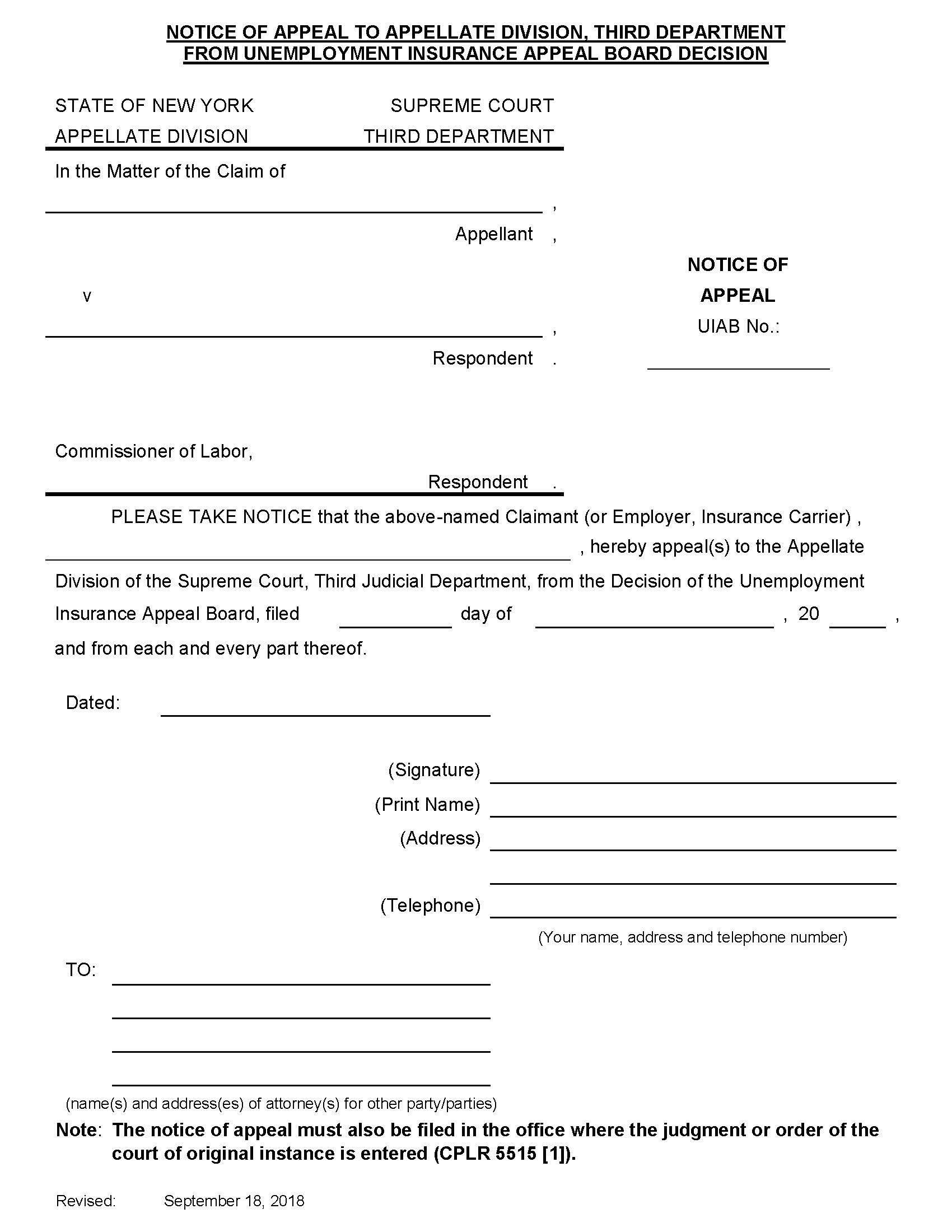 Notice Of Appeal From Unemployment Insurance Appeal Board Decision | Pdf Fpdf Docx | New York