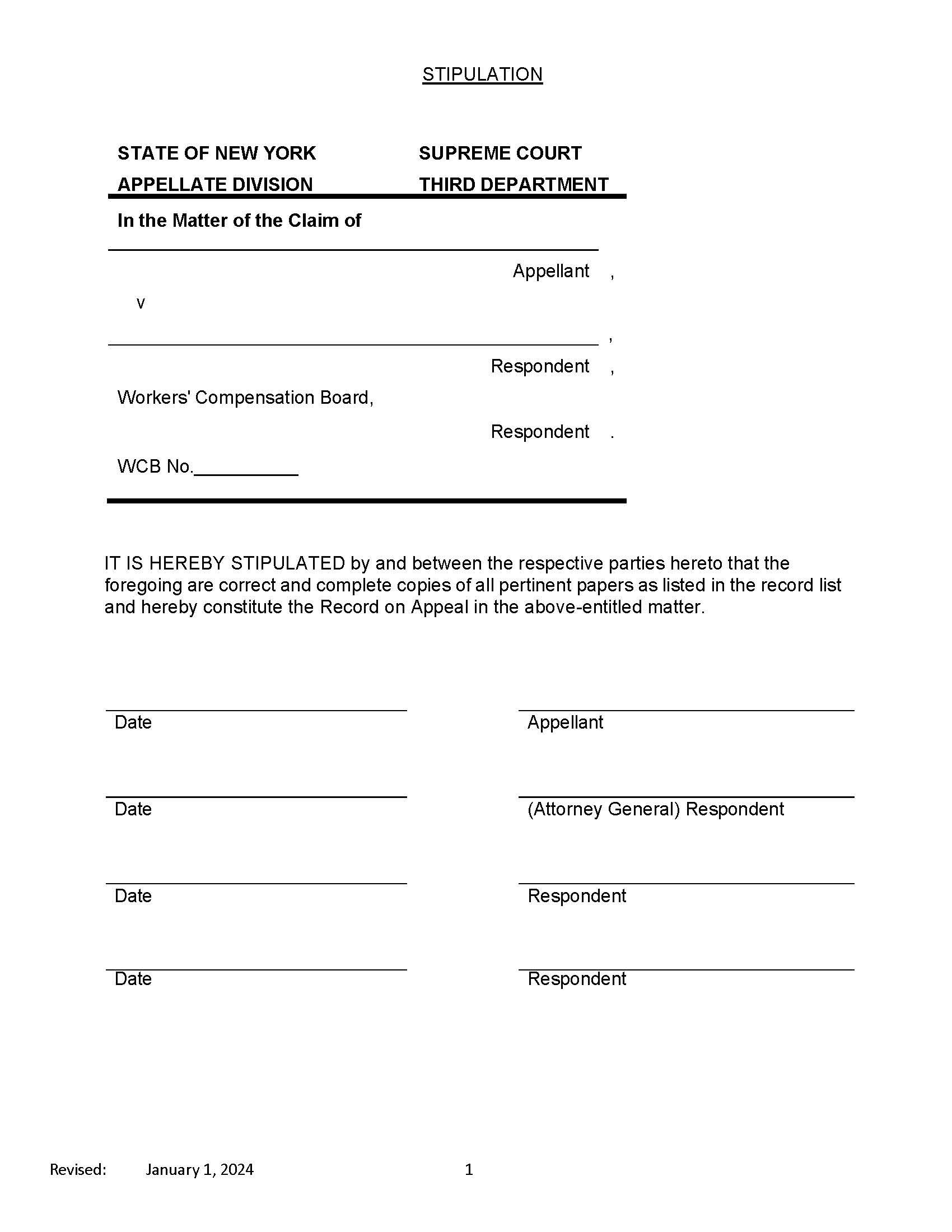 Stipulation To Record On Appeal (WCB Case) | Pdf Fpdf Docx | New York