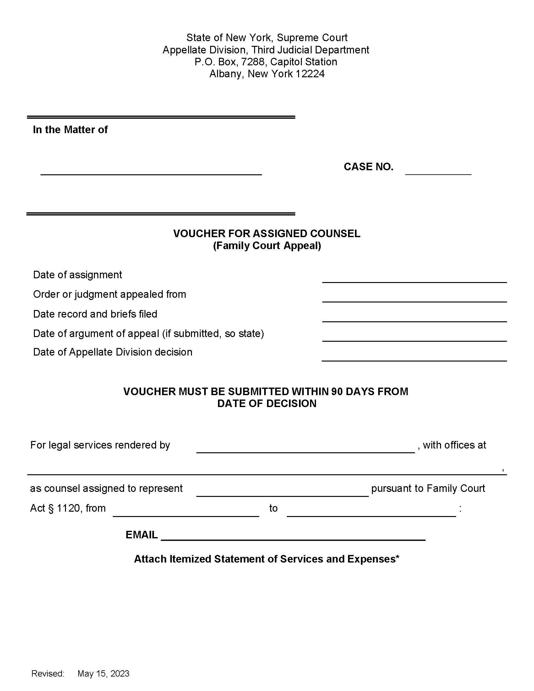 Voucher For Assigned Counsel (Family Court Appeal) | Pdf Fpdf Docx | New York