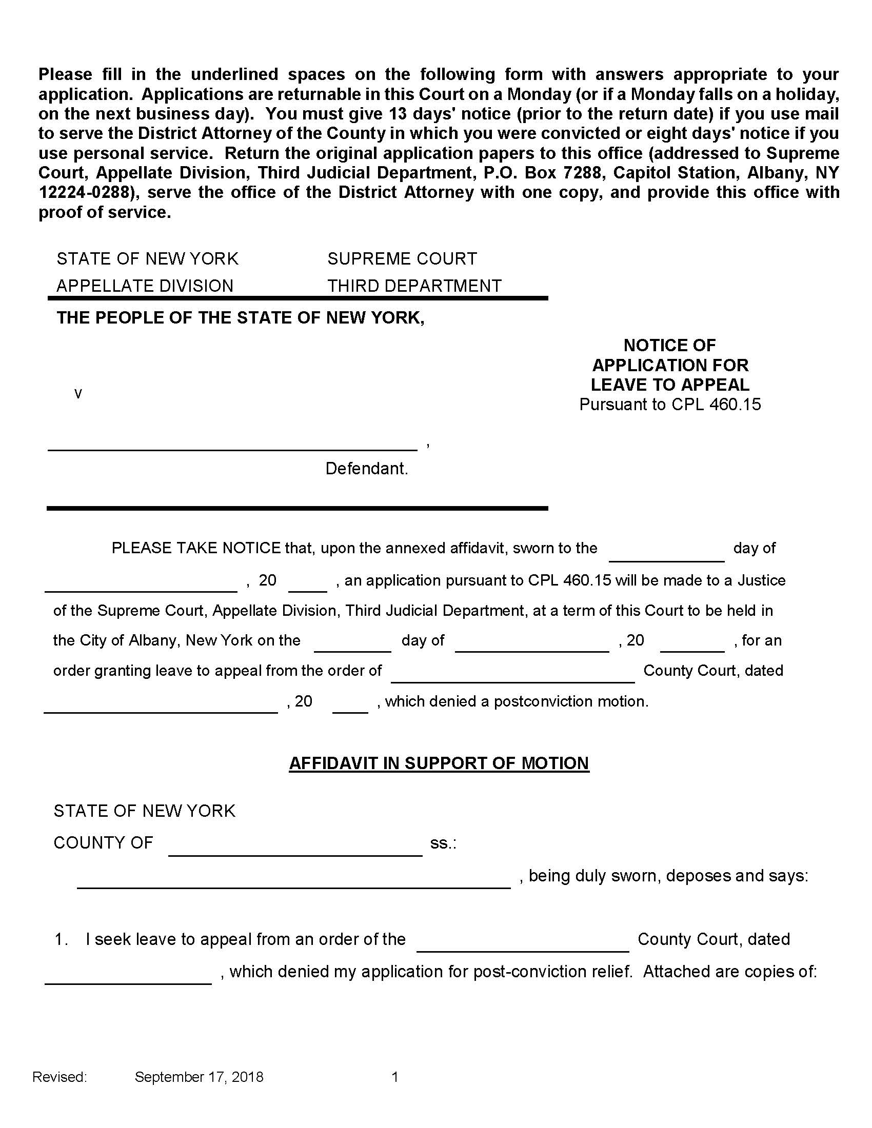 Notice Of Application For Leave To Appeal Pursuant To CPL 460.15 | Pdf Fpdf Doc Docx | New York
