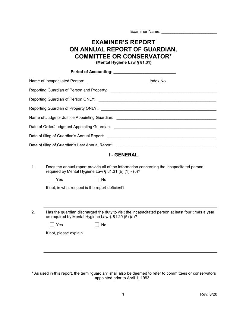 Examiners Report On Annual Report Of Guardian Committee Or Conservator | Pdf Fpdf Doc Docx | New York