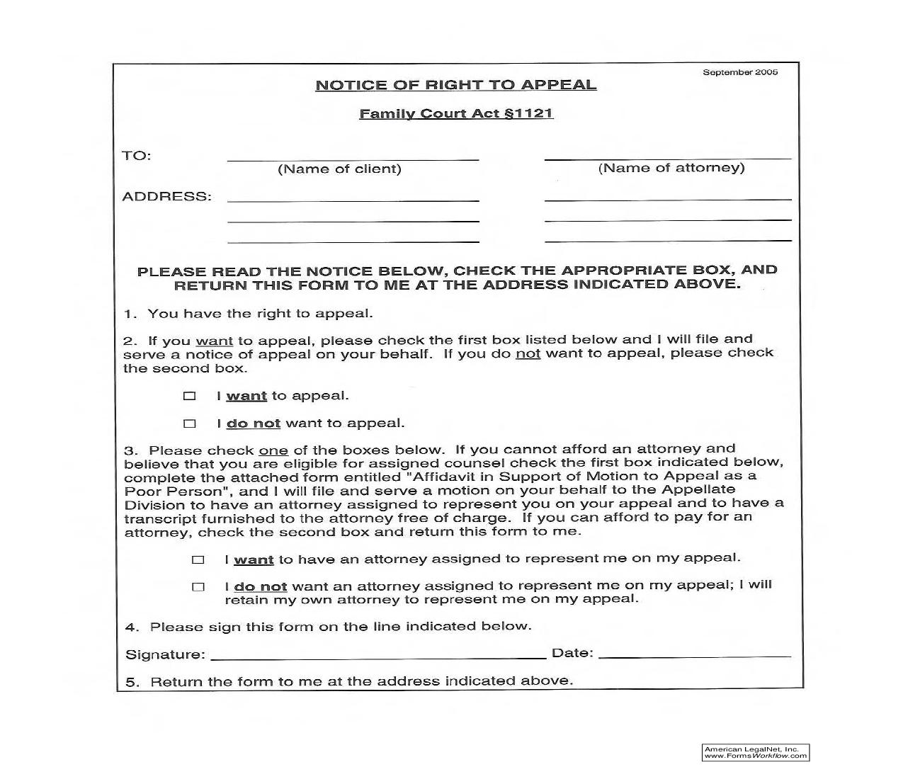 Notice Of Right To Appeal (Family Court Act 1121) | Pdf Fpdf Doc Docx | New York