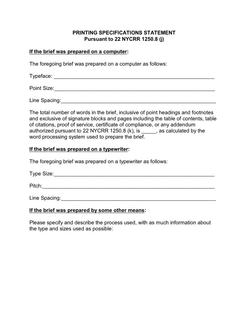 Printing Specifications Statement Pursuant To 22 NYCRR 1250.8 (j) | Pdf Fpdf Docx | New York