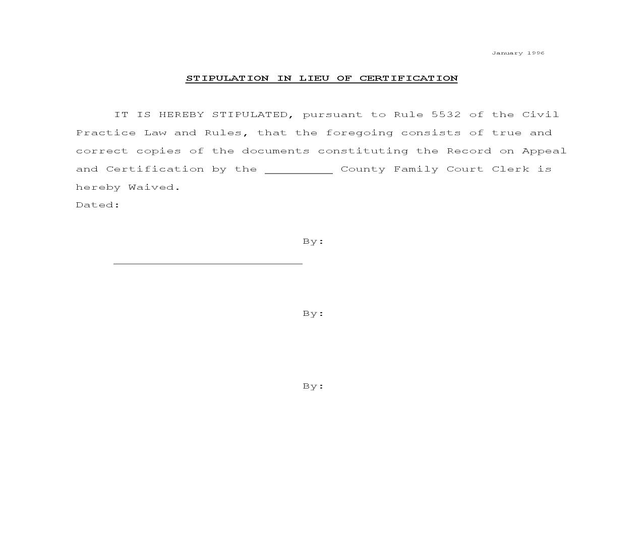 Stipulation In Lieu Of Certification | Pdf Fpdf Doc Docx | New York