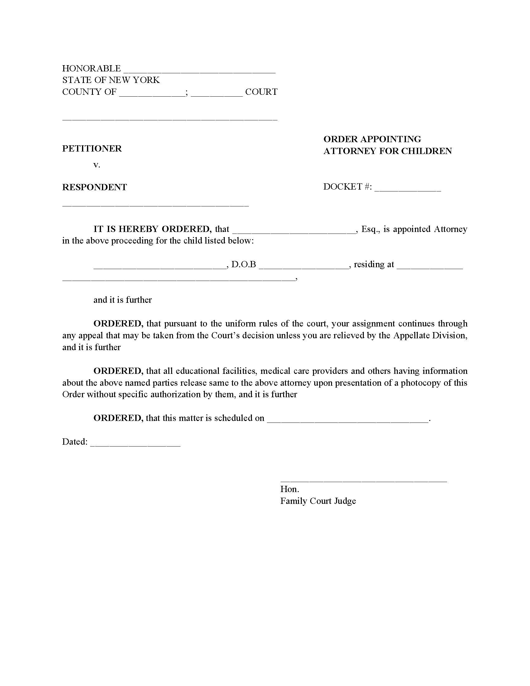 Order Appointing Attorney For Children | Pdf Fpdf Doc Docx | New York