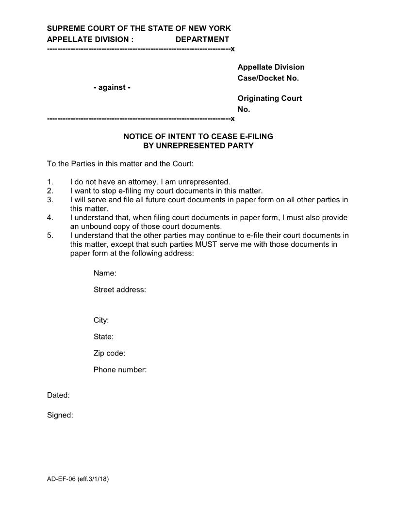 Notice Of Intent To Cease E-Filing By Unrepresented Party {AD-EF-06} | Pdf Fpdf Docx | New York