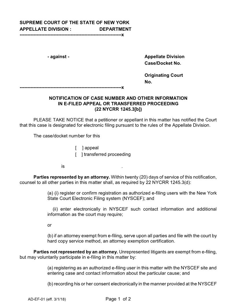 Notification Of Case Number In E-Filed Appeal Or Transferred Proceeding {AD-EF-01} | Pdf Fpdf Docx | New York