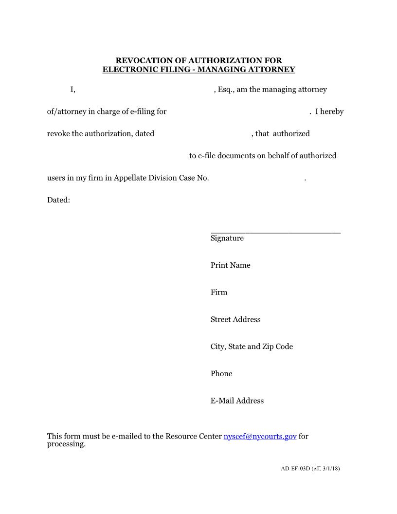 Revocation Of Authorization For Electronic Filing - Managing Attorney {AD-EF-03D} | Pdf Fpdf Docx | New York
