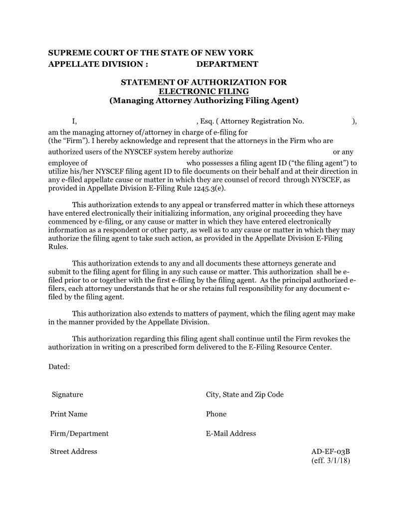 Statement Of Authorization For Electronic Filing Managing Attorney Authorizing Agent {AD-EF-03B} | Pdf Fpdf Docx | New York