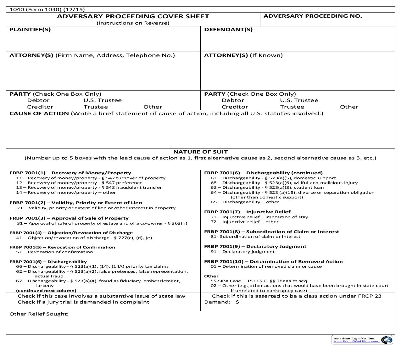 Adversary Proceeding Cover Sheet {1040} | Pdf Fpdf Doc Docx | New York
