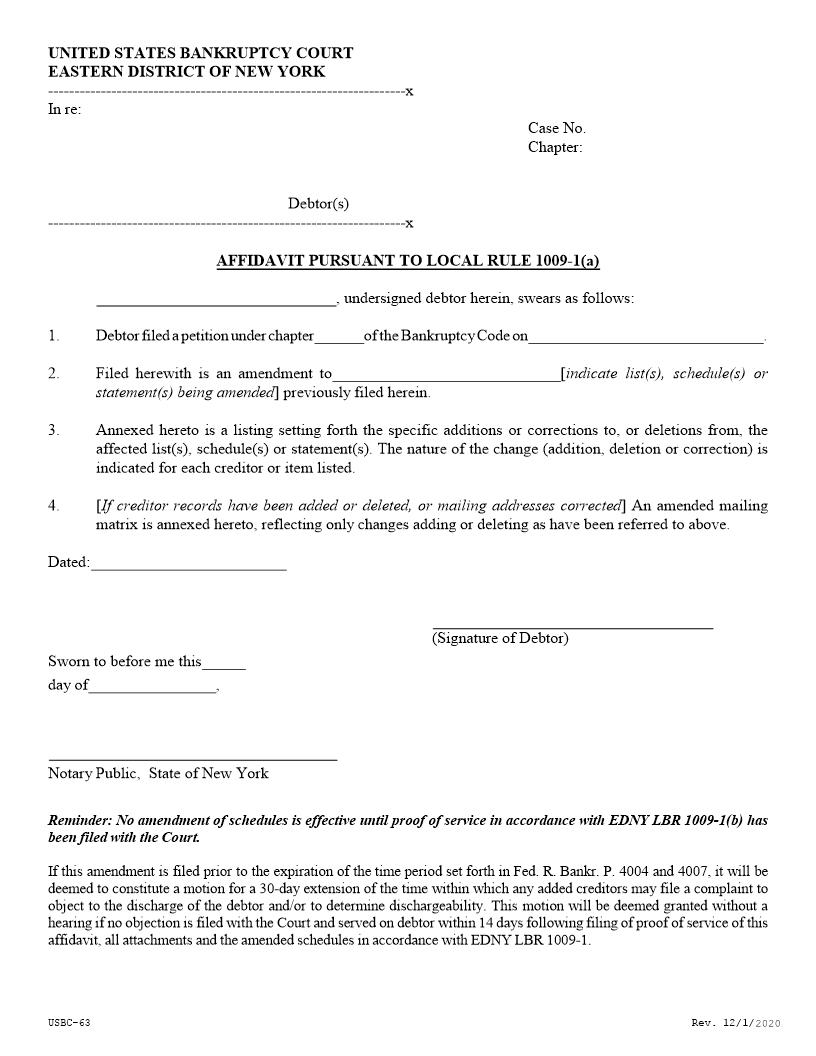 Affidavit Pursuant To E.D.N.Y. LBR 1009-1(a) {NYEB APLBR1009-1a) | Pdf Fpdf Doc Docx | New York