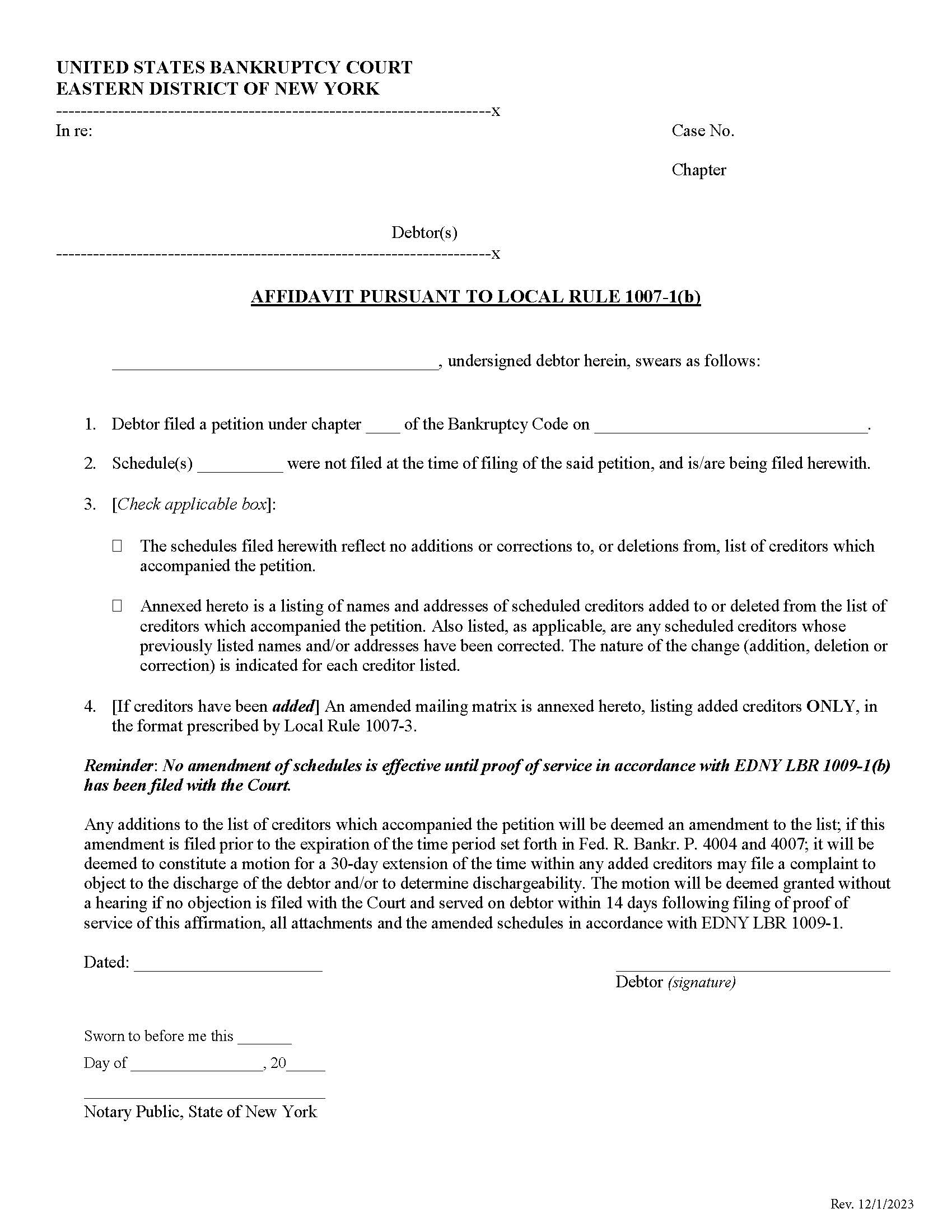 Affidavit Pursuant To Local Rule 1007-1(b) {NYEB APLR1007-1b} | Pdf Fpdf Doc Docx | New York