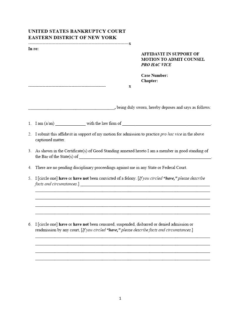 Affirmation In Support Of Motion To Admit Counsel Pro Hac Vice {74c} | Pdf Fpdf Doc Docx | New York