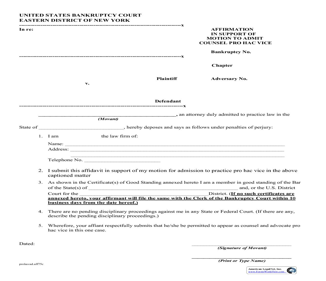 Affirmation In Support Of Motion To Admit Counsel Pro Hac Vice (Adversary Proceeding) {75c} | Pdf Fpdf Doc Docx | New York