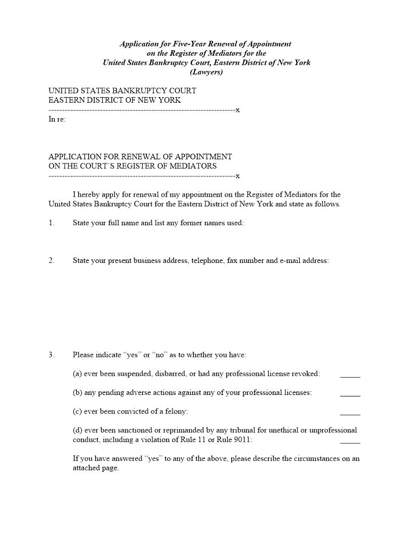 Application For Five-Year Renewal Appointment On Courts Mediators Register {NYEB 5YRMR}} | Pdf Fpdf Doc Docx | New York