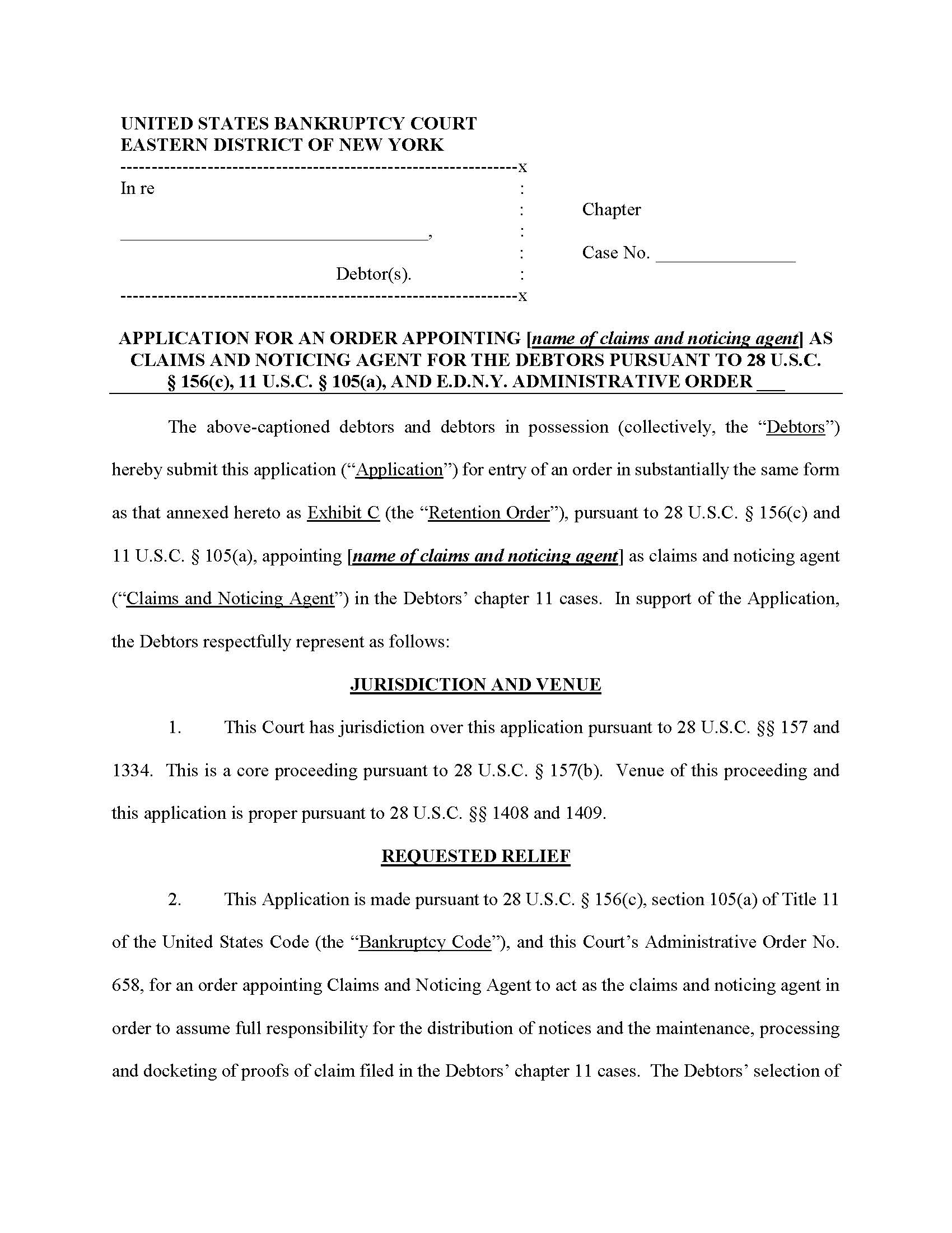 Application For Order Appointing Claims And Noticing Agent (Chapter 11) {NYEB ACNA-Ch11} | Pdf Fpdf Doc Docx | New York