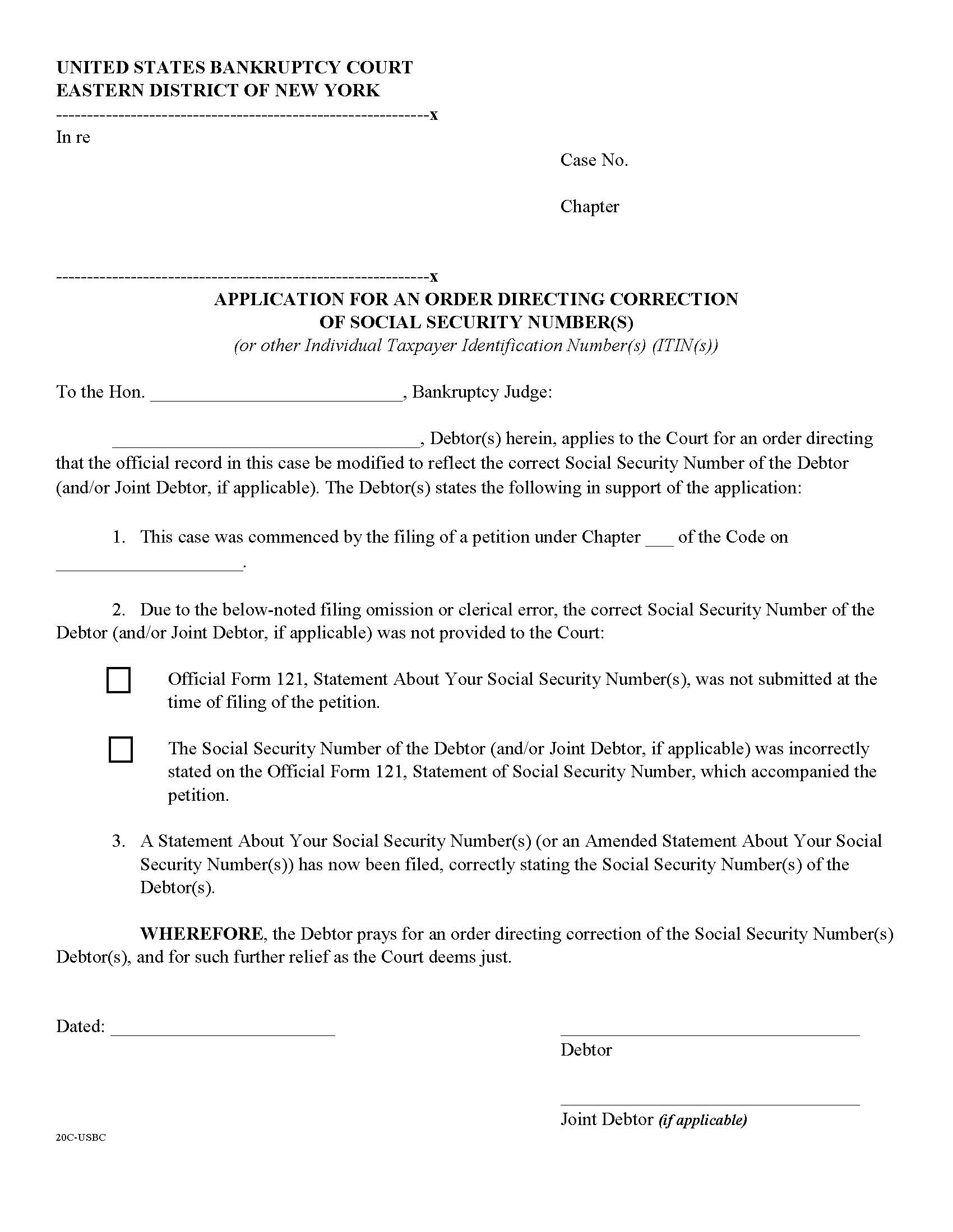 Application For Order Directing Correction Of Social Security Numbers (Pro Se Debtors) {SSCORPRO} | Pdf Fpdf Doc Docx | New York