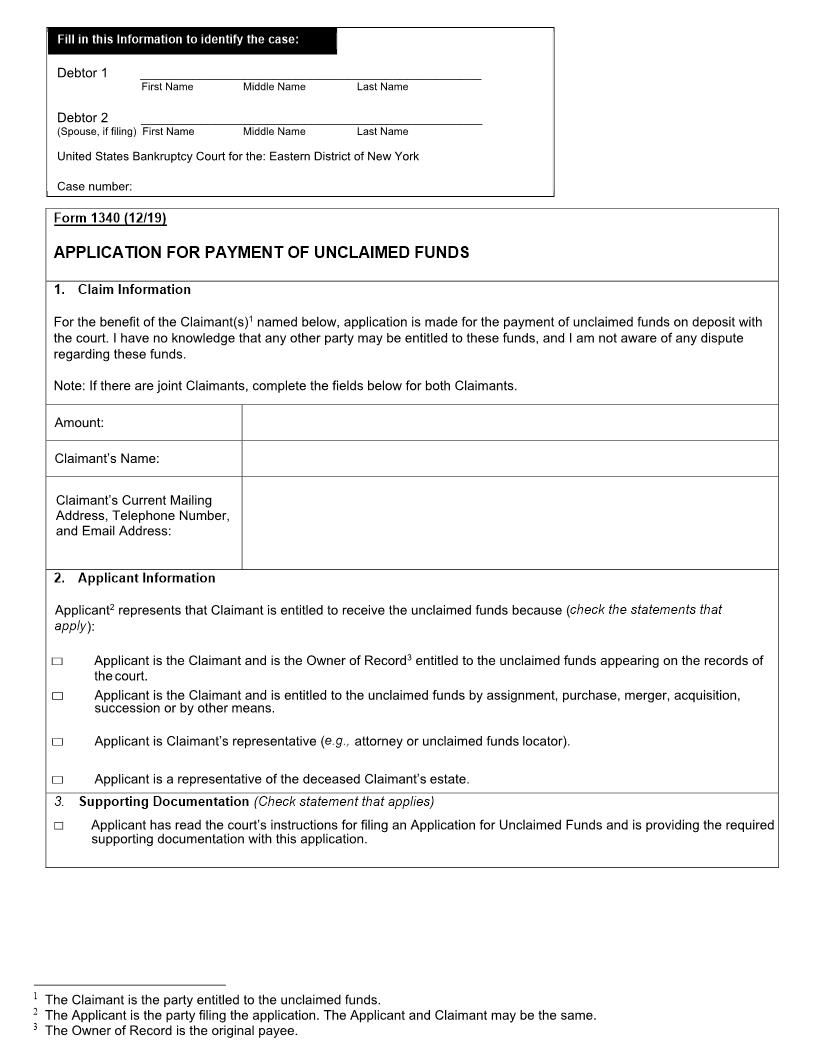 Application For Payment Of Unclaimed Funds {1340} | Pdf Fpdf Docx | New York