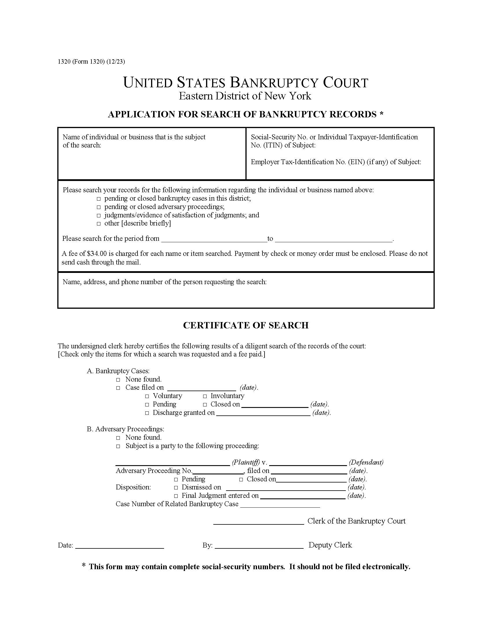 Application For Search Of Bankruptcy Records {1320} | Pdf Fpdf Doc Docx | New York