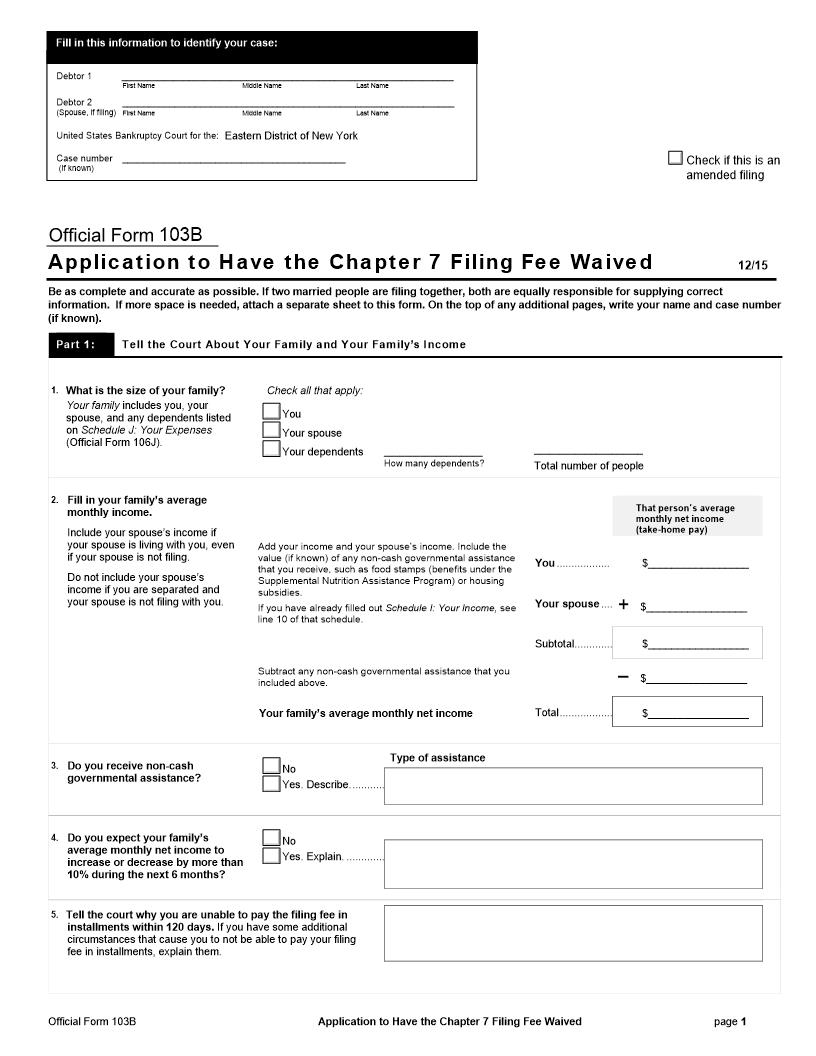 Application To Have Chapter 7 Filing Fee Waived And Order {NYEB 103B} | Pdf Fpdf Doc Docx | New York