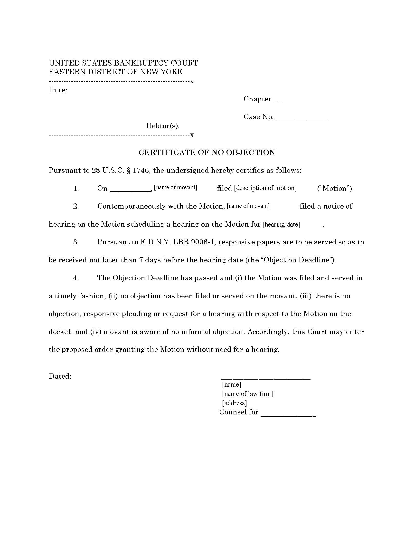 Certificate Of No Objection (Judges Trust And Scarcella) {NYEB CNO-TS} | Pdf Fpdf Docx | New York