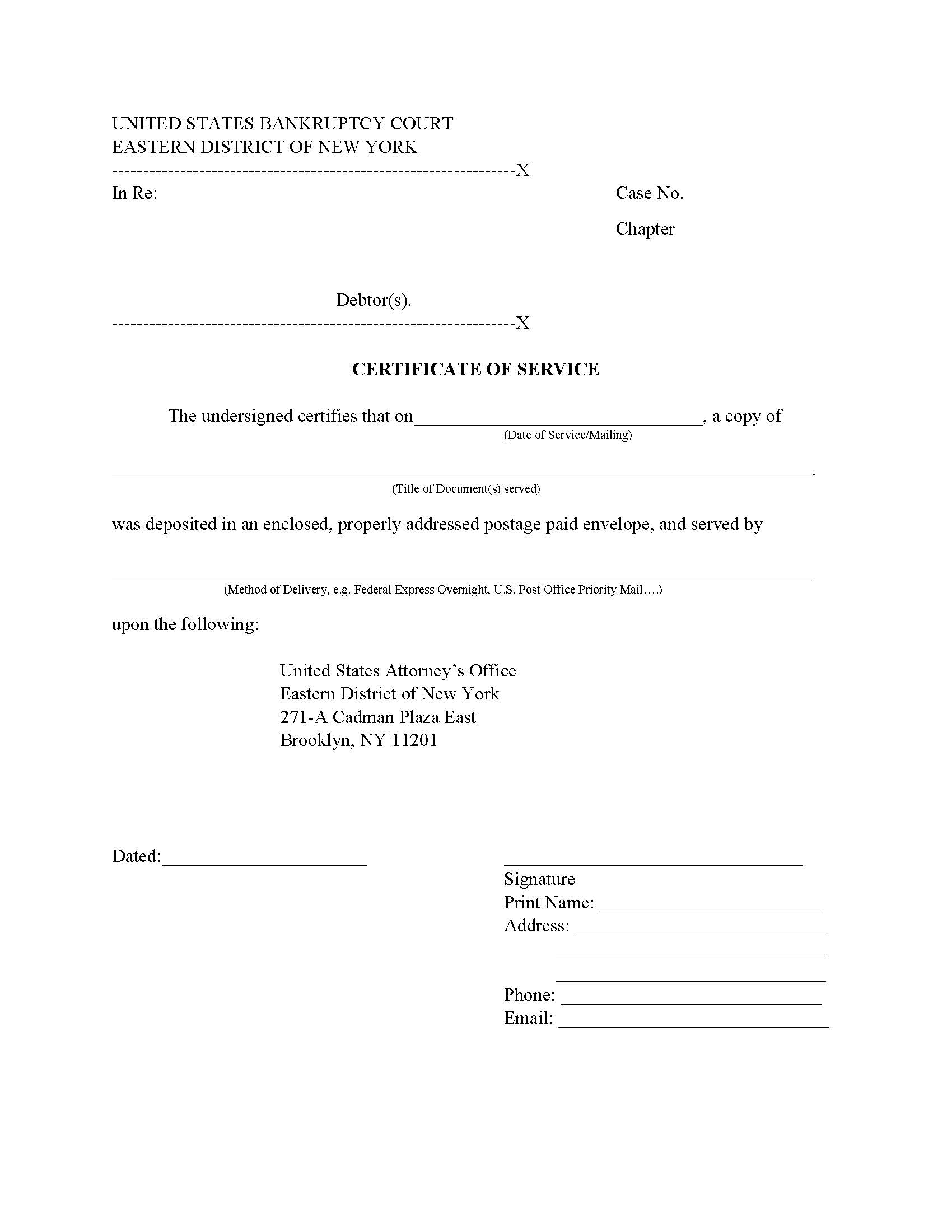 Certificate Of Service (To US Attorneys Office) {NYEB CoS-USAtty} | Pdf Fpdf Docx | New York