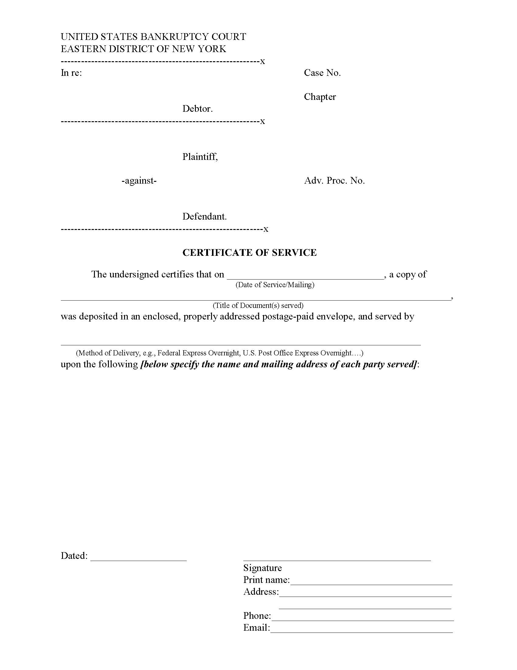 Certificate Of Service Adversary Proceeding {NYEB CoS-AP} | Pdf Fpdf Docx | New York