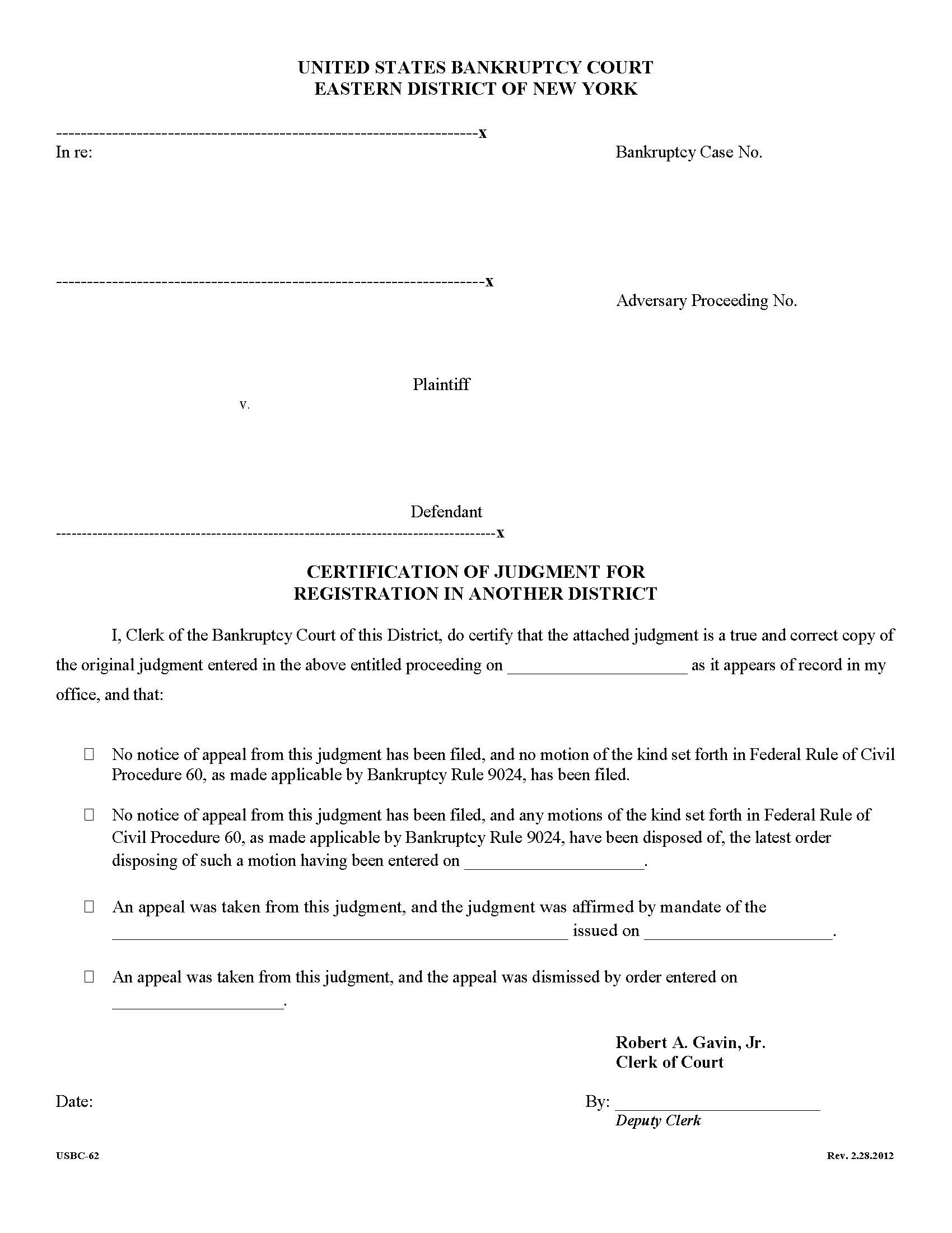 Certification Of Judgment For Registration In Another District {NYEB CJRAD} | Pdf Fpdf Doc Docx | New York