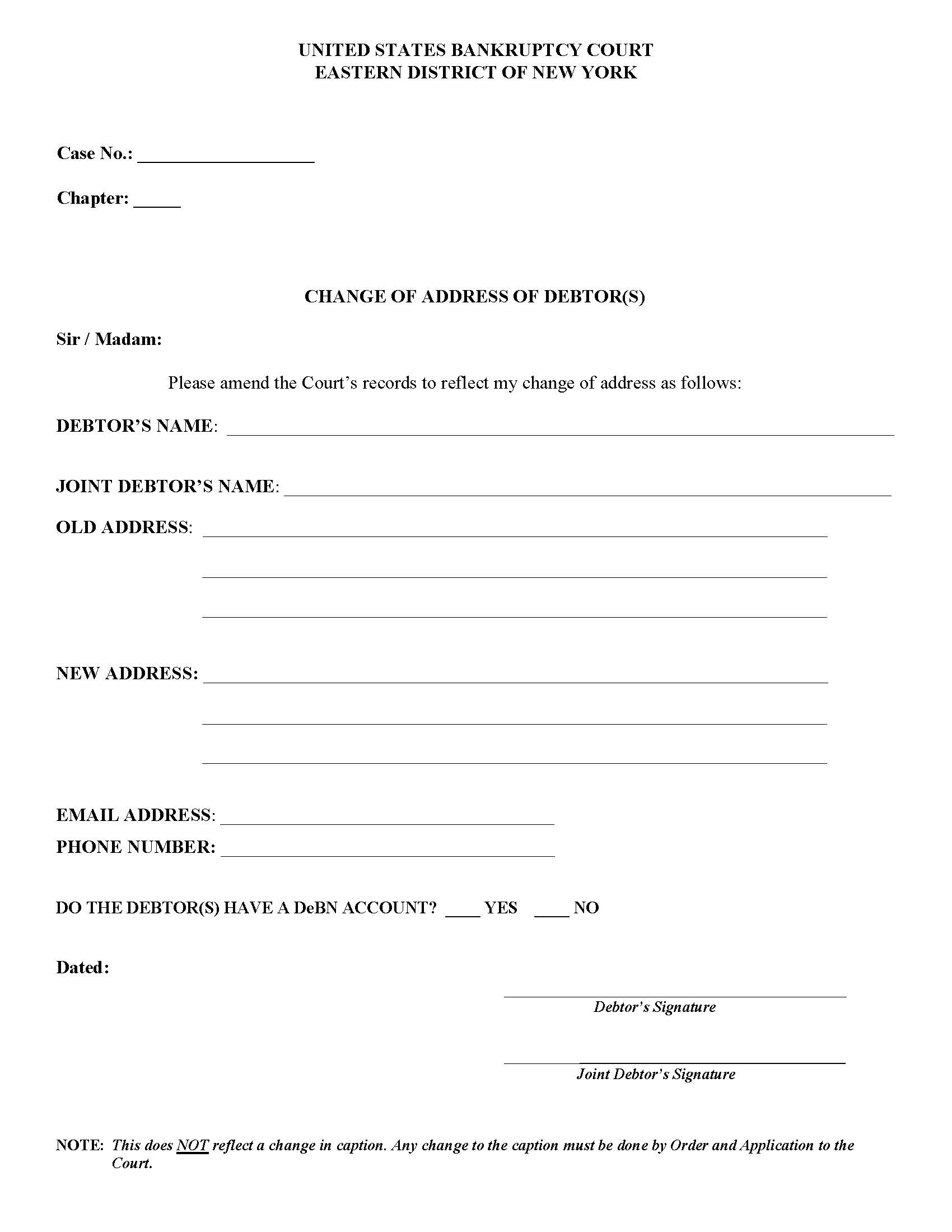 Change Of Address Of Debtor(s) | Pdf Fpdf Docx | New York