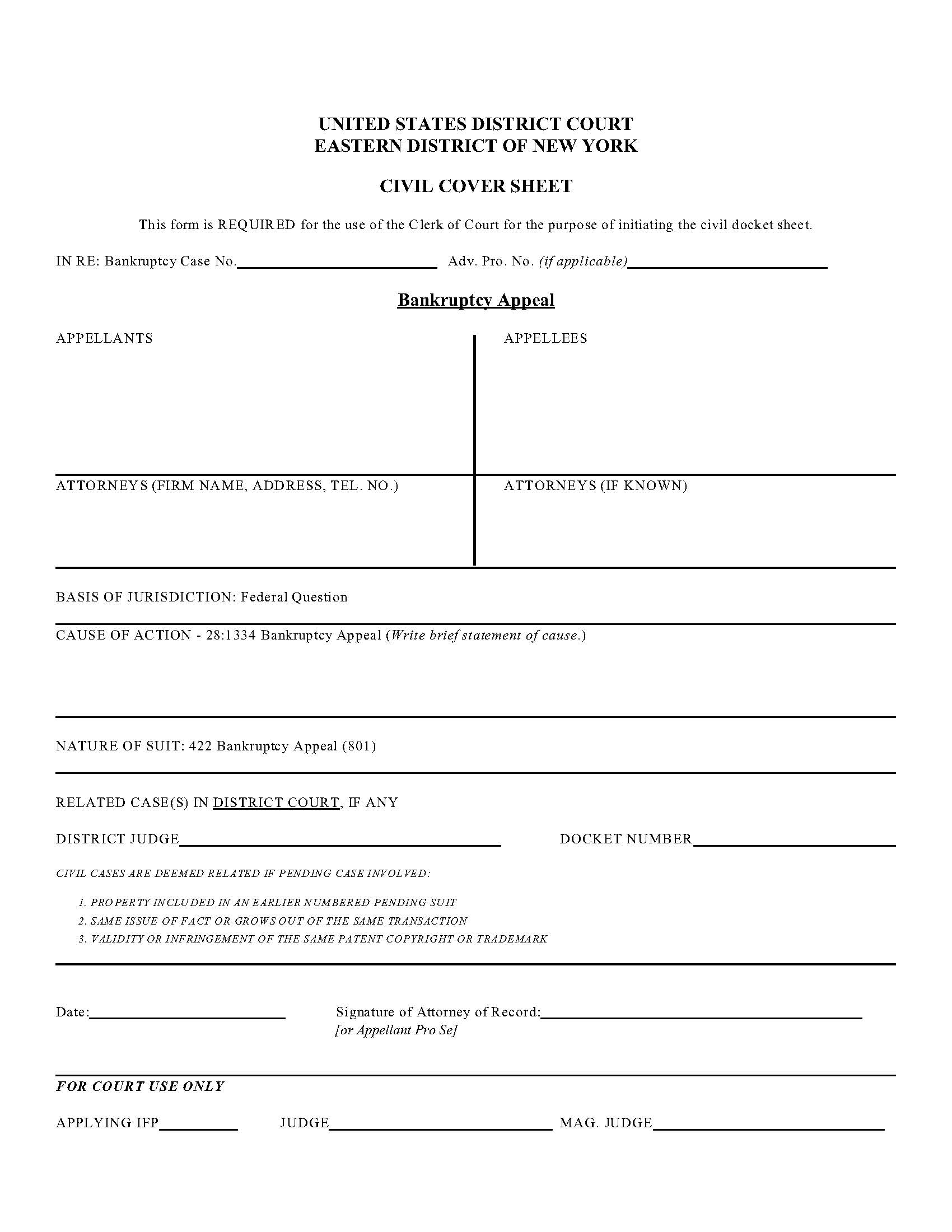 Civil Cover Sheet Bankruptcy Appeal {USBC-84} | Pdf Fpdf Docx | New York