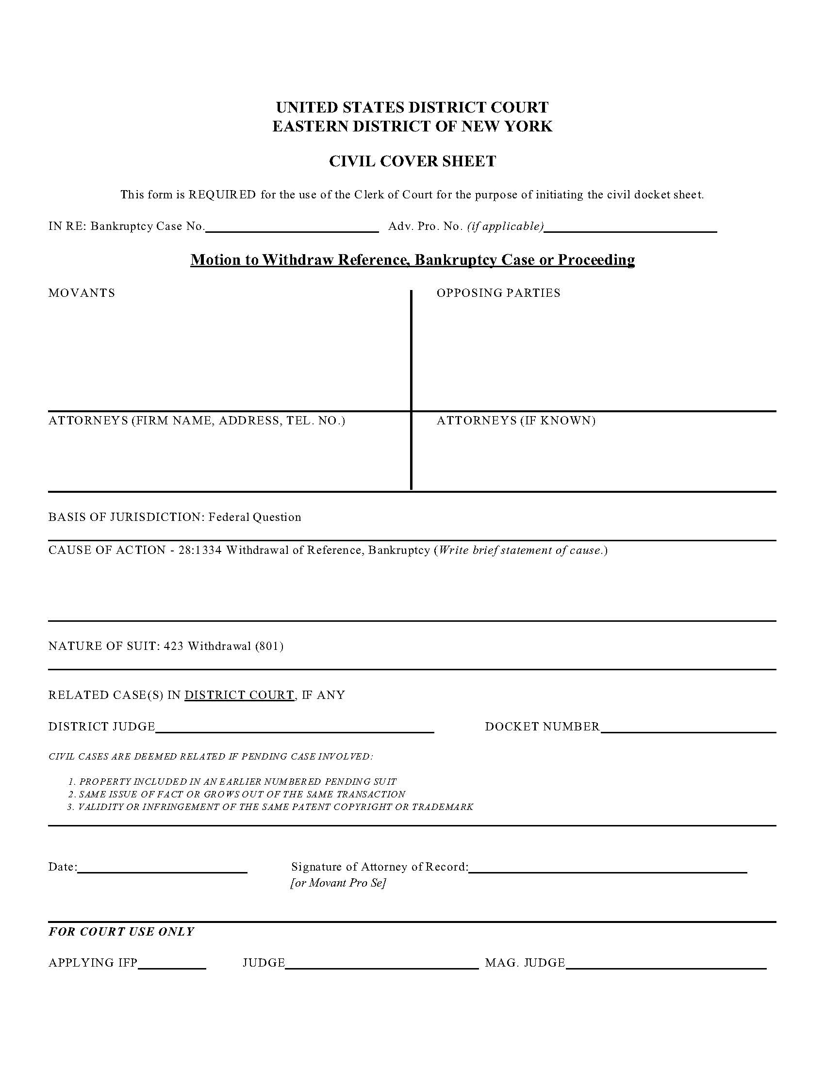 Civil Cover Sheet Motion To Withdraw Reference Bankruptcy Case Or Proceeding  {USBC-84wr} | Pdf Fpdf Docx | New York