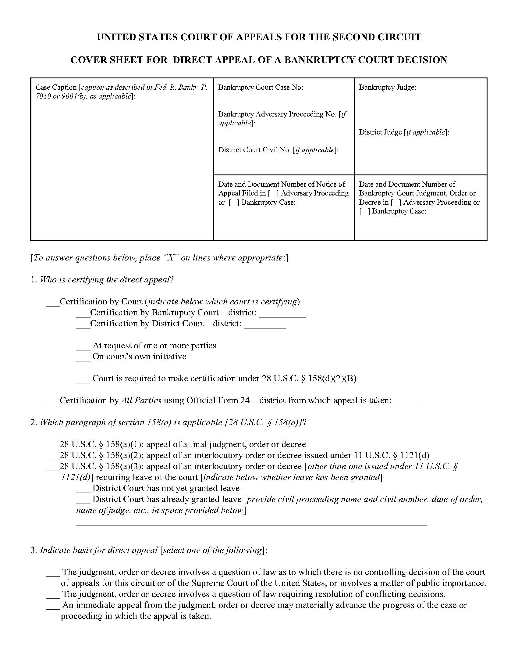 Cover Sheet For A Direct Appeal Of A Bankruptcy Court Decision | Pdf Fpdf Docx | New York