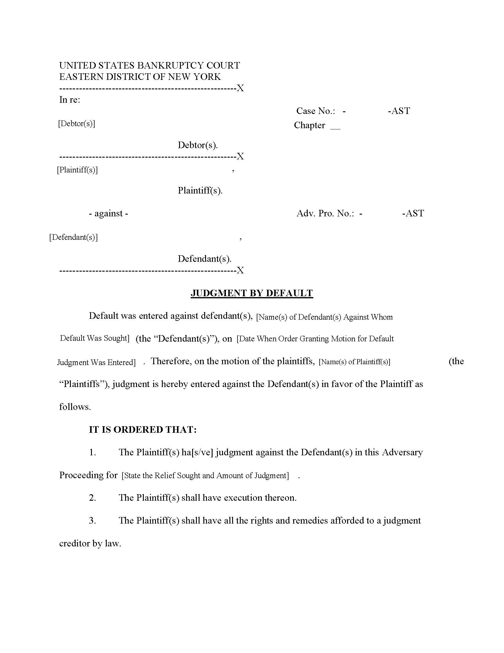 Judgment By Default (Adversary Proceeding) (Chief Judge Trust) {NYEB JBDADV-AST} | Pdf Fpdf Docx | New York