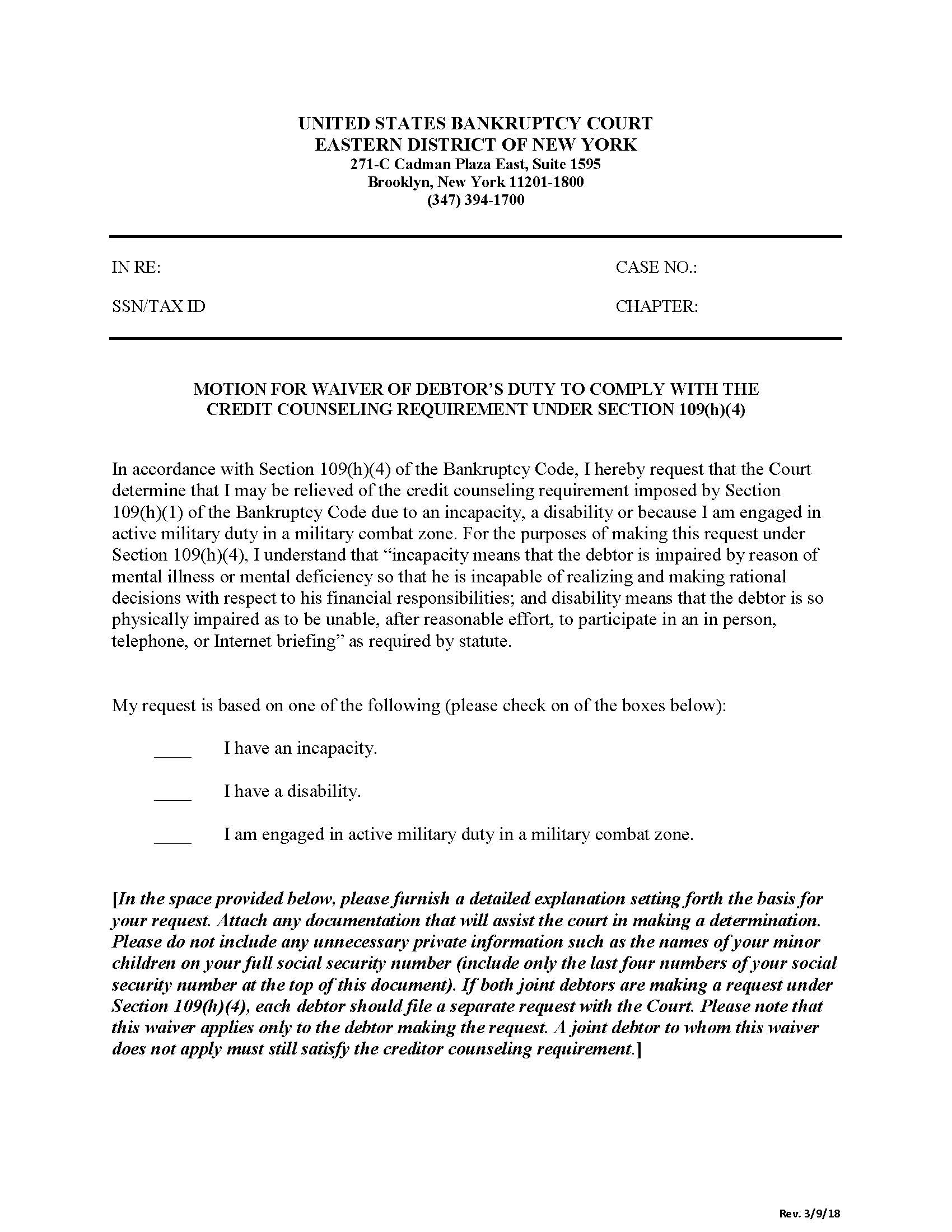 Motion For Waiver To Comply With Credit Counseling Requirement (Brooklyn) {NYEB MWCCR-B} | Pdf Fpdf Docx | New York