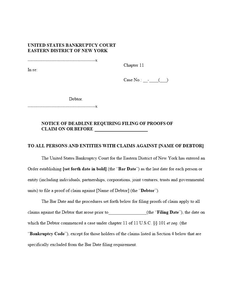 Notice Of Deadline Filing Proofs Of Claim {NYEB-NDFPC} | Pdf Fpdf Docx | New York