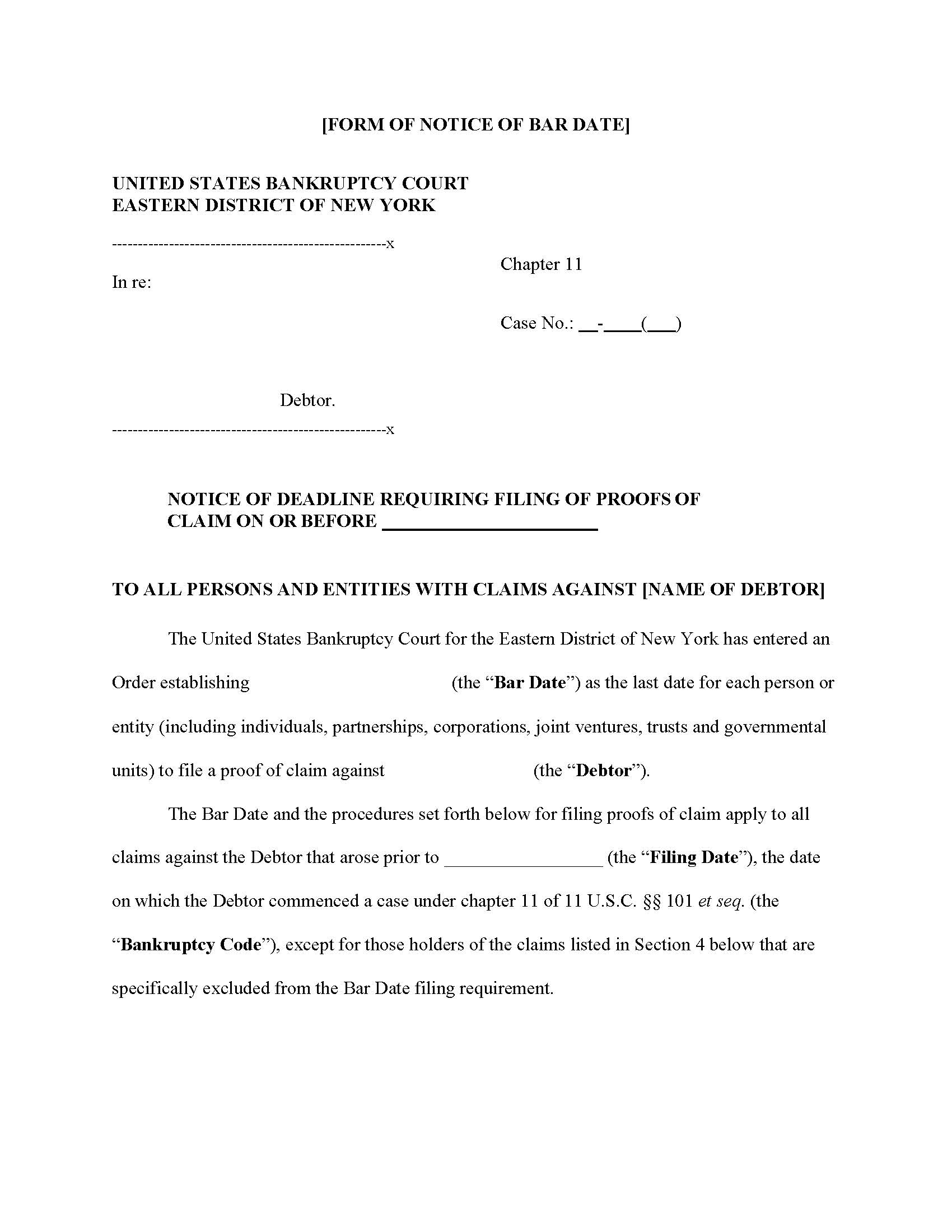 Notice Of Deadline For Proofs Of Claim (Bar Date Notice - Claims Agent)  | Pdf Fpdf Docx | New York