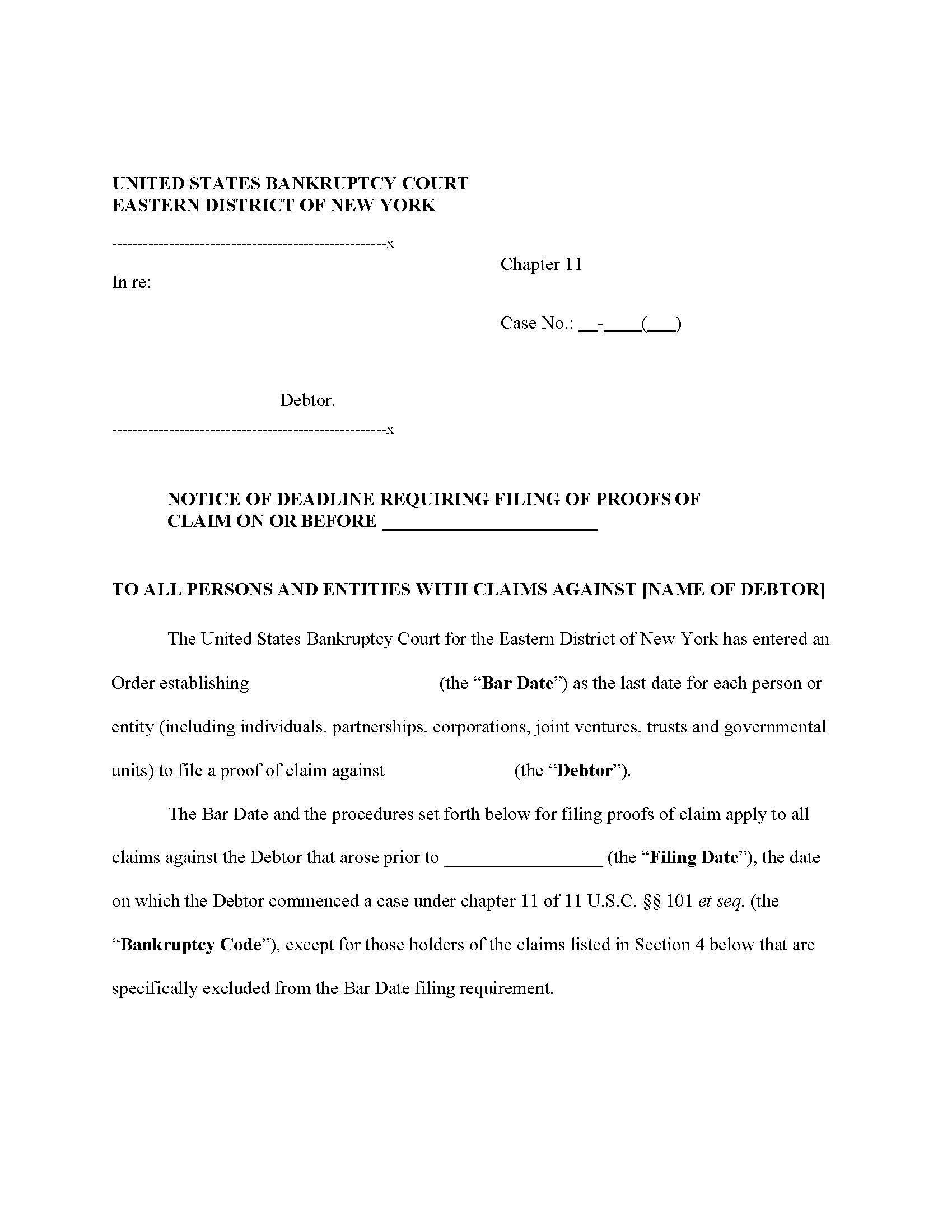 Notice Of Deadline For Proofs Of Claim (Bar Date Notice - No Claims Agent)  | Pdf Fpdf Docx | New York